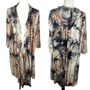 COIN 1904 Tie Dye Batik Lagenlook Hooded Duster Waterfall Open Shawl Cardigan